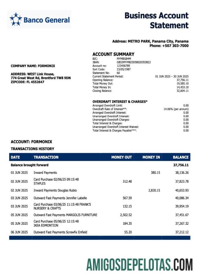 Exemplo de extrato de conta empresarial do Banco Geral do Panamá em formato Word e PDF